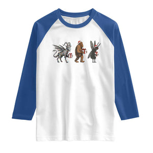 Christmas Cryptid Gift Raglan Shirt Bigfoot Jersey Devil Mothman Santa TS12 White Royal Print Your Wear