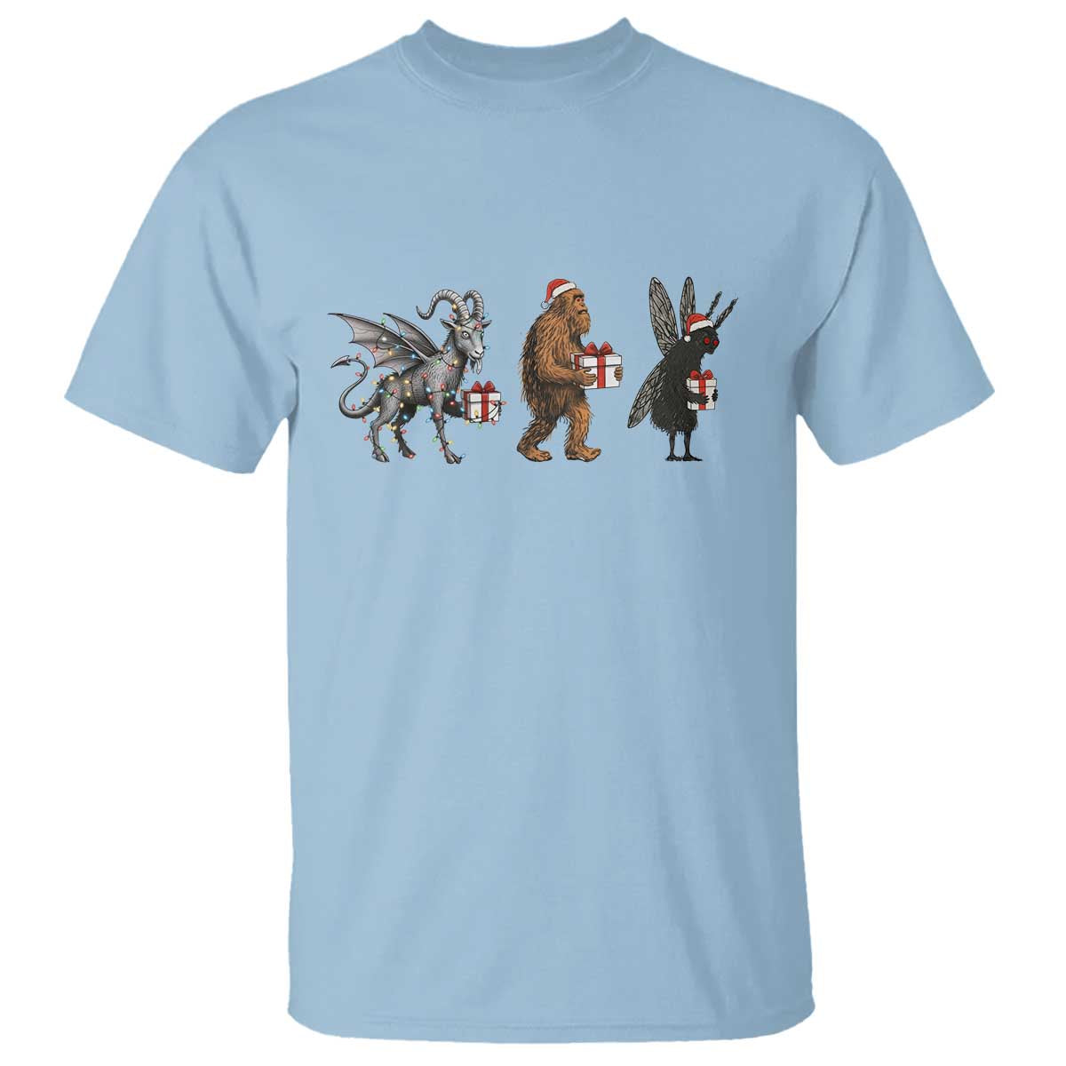 Christmas Cryptid Gift T Shirt Bigfoot Jersey Devil Mothman Santa TS12 Light Blue Print Your Wear