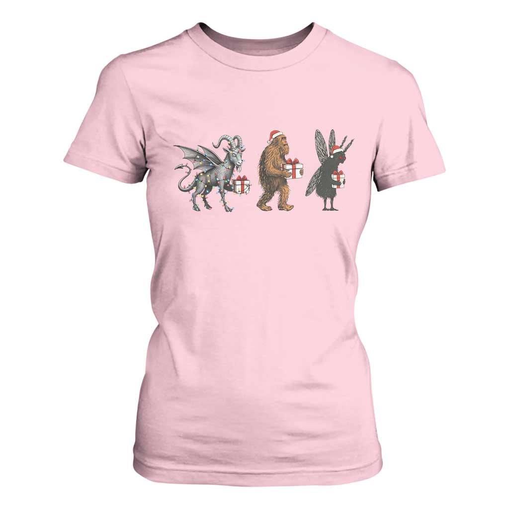 Christmas Cryptid Gift T Shirt For Women Bigfoot Jersey Devil Mothman Santa TS12 Light Pink Print Your Wear