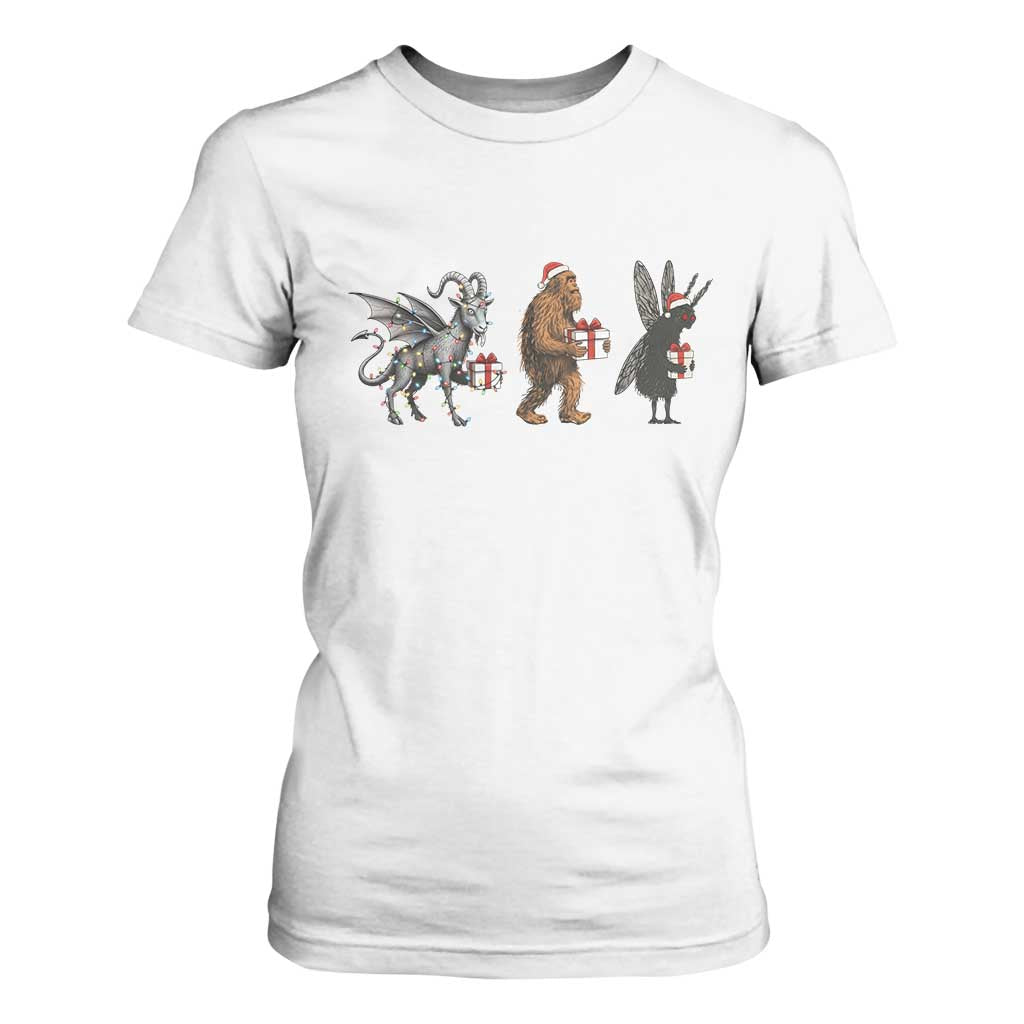 Christmas Cryptid Gift T Shirt For Women Bigfoot Jersey Devil Mothman Santa TS12 White Print Your Wear