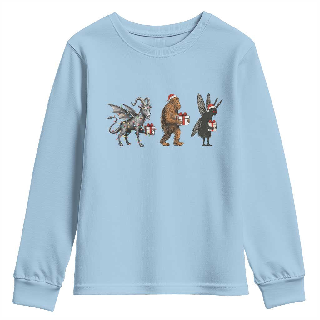 Christmas Cryptid Gift Youth Sweatshirt Bigfoot Jersey Devil Mothman Santa TS12 Light Blue Print Your Wear