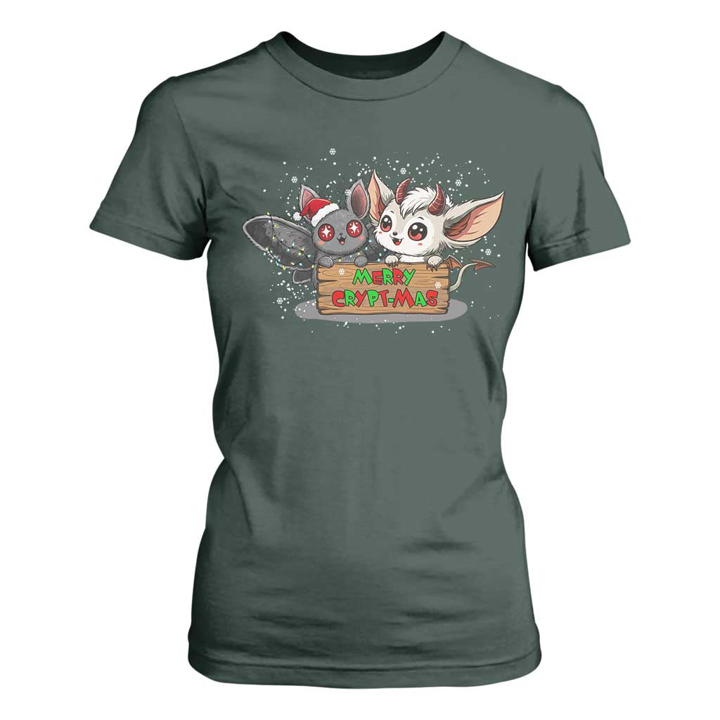 Mothman And Jersey Devil T Shirt For Women Merry Cryptmas Funny Holiday Gift TS12 Dark Forest Green Print Your Wear