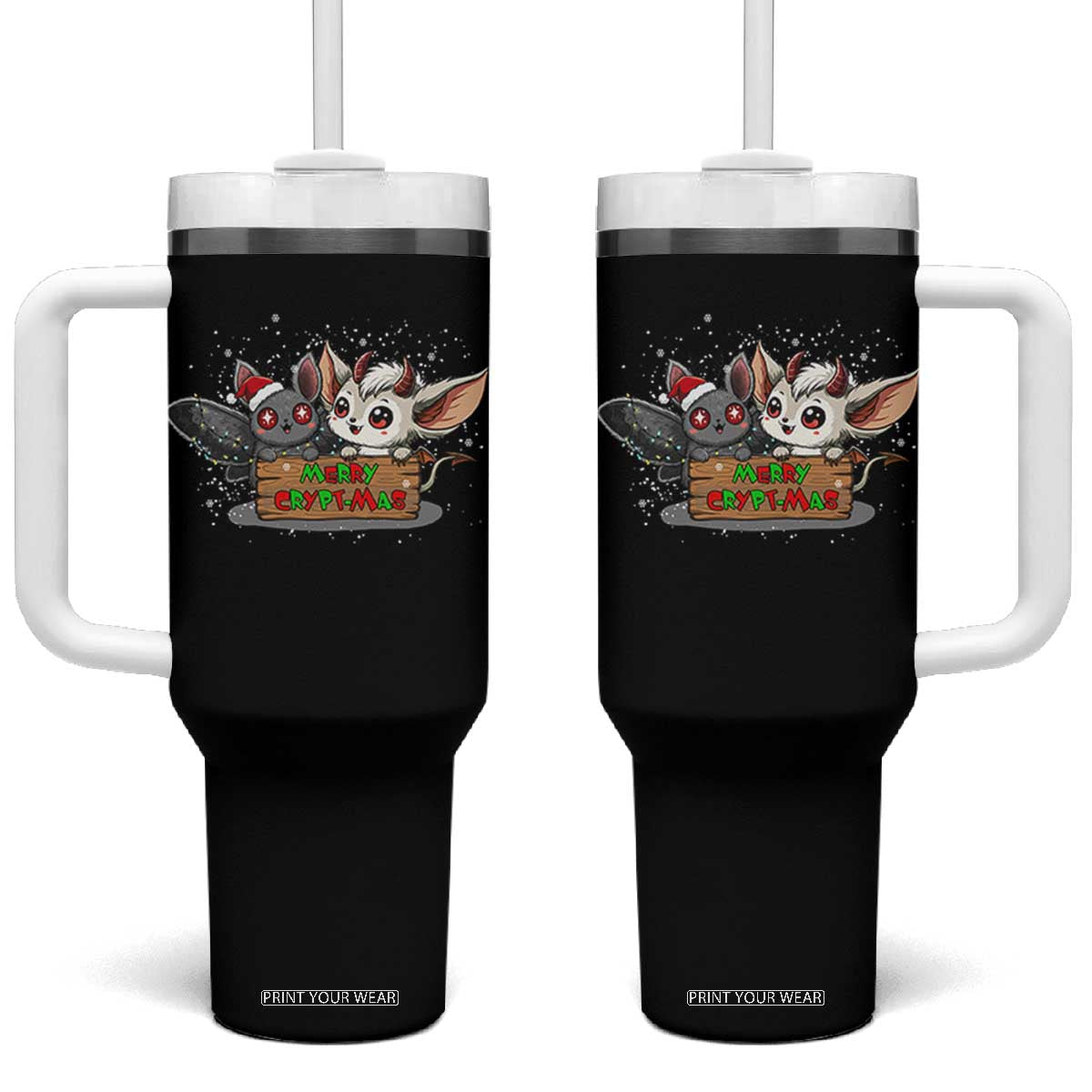 Mothman And Jersey Devil Tumbler With Handle Merry Cryptmas Funny Holiday Gift TS12 One Size: 40 oz Black Print Your Wear