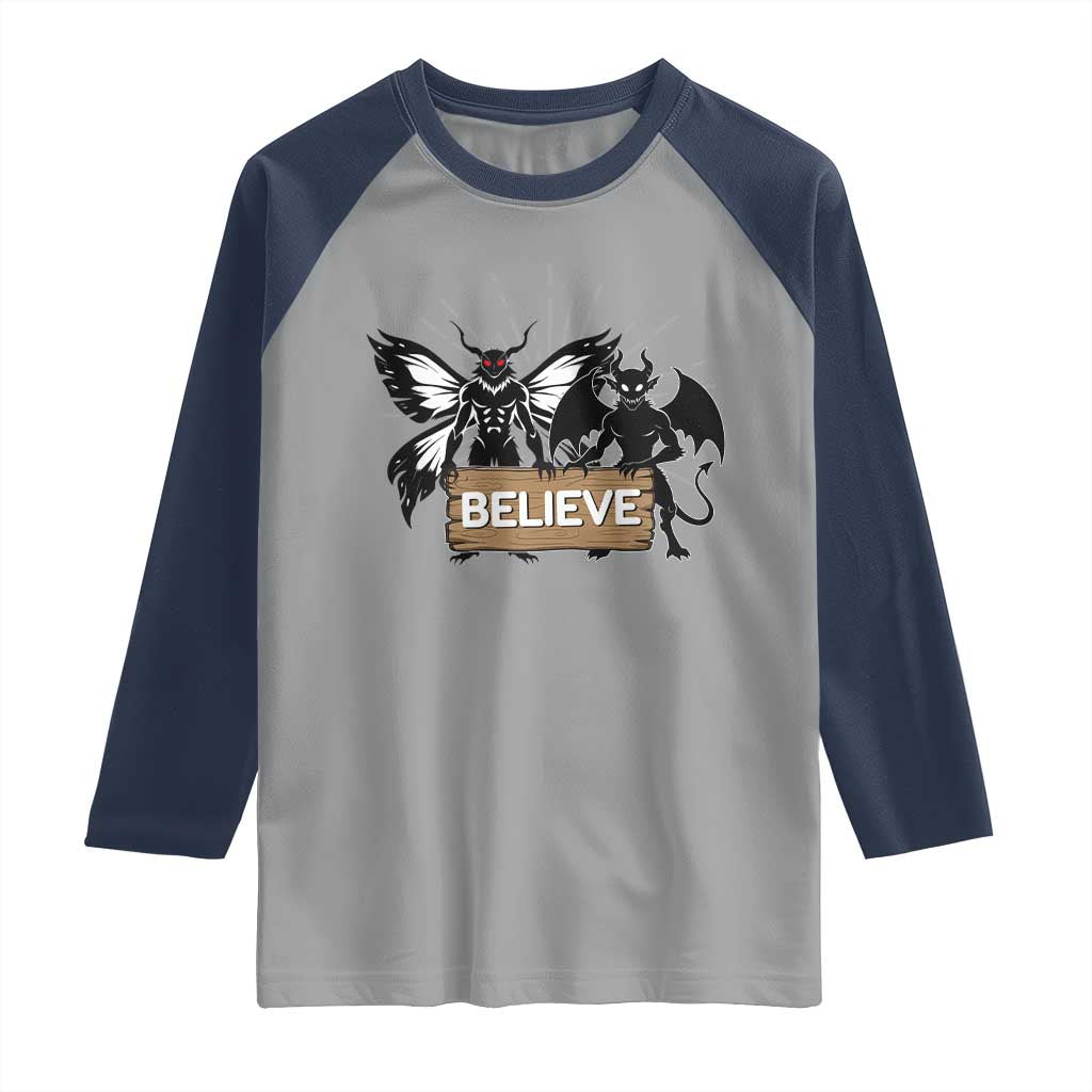 Mothman Jersey Devil Raglan Shirt Believe Cryptid Folklore Gift TS12 Sport Gray Navy Print Your Wear
