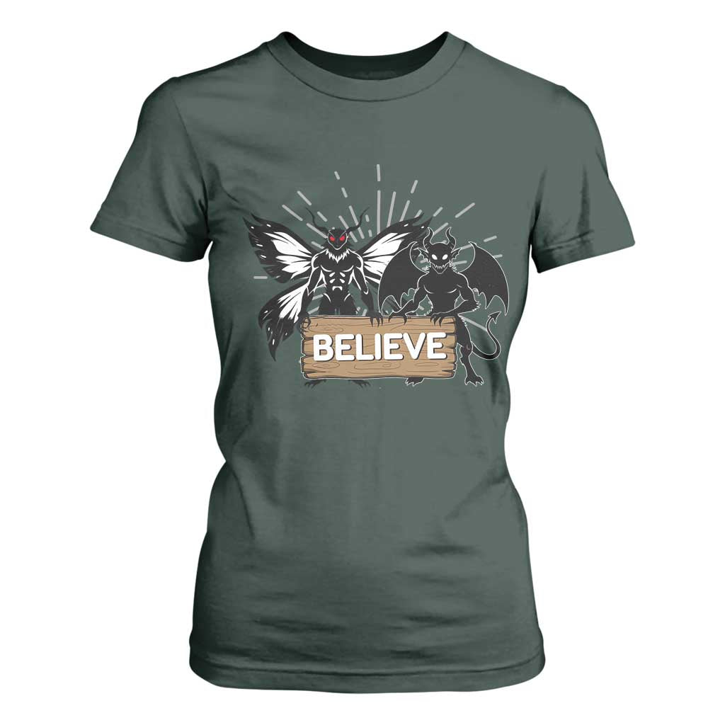 Mothman Jersey Devil T Shirt For Women Believe Cryptid Folklore Gift TS12 Dark Forest Green Print Your Wear