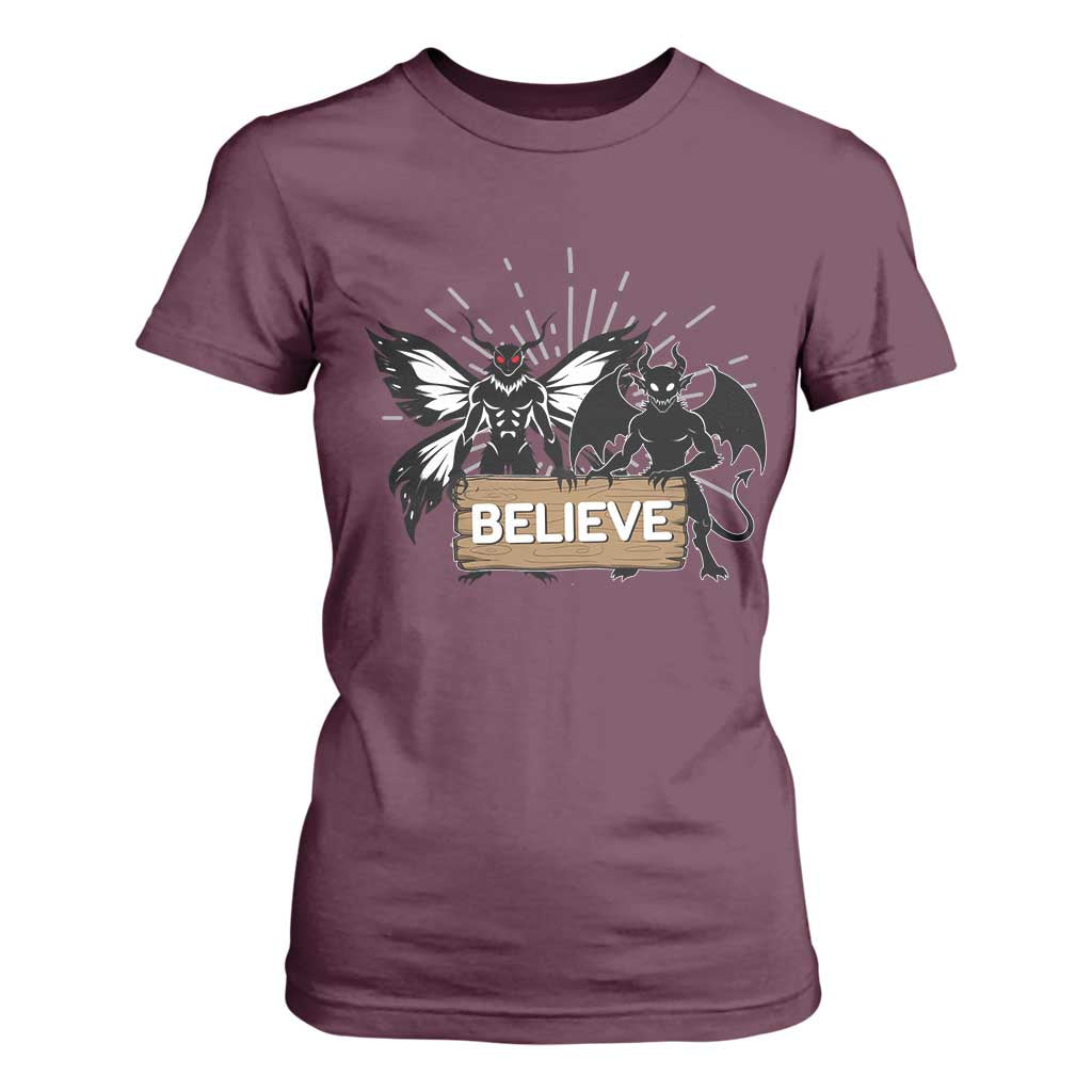 Mothman Jersey Devil T Shirt For Women Believe Cryptid Folklore Gift TS12 Maroon Print Your Wear