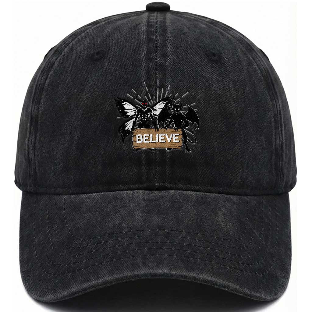 Mothman Jersey Devil Washed Cotton Baseball Cap Believe Cryptid Folklore Gift TS12 Washed Cap Universal Fit Black Print Your Wear