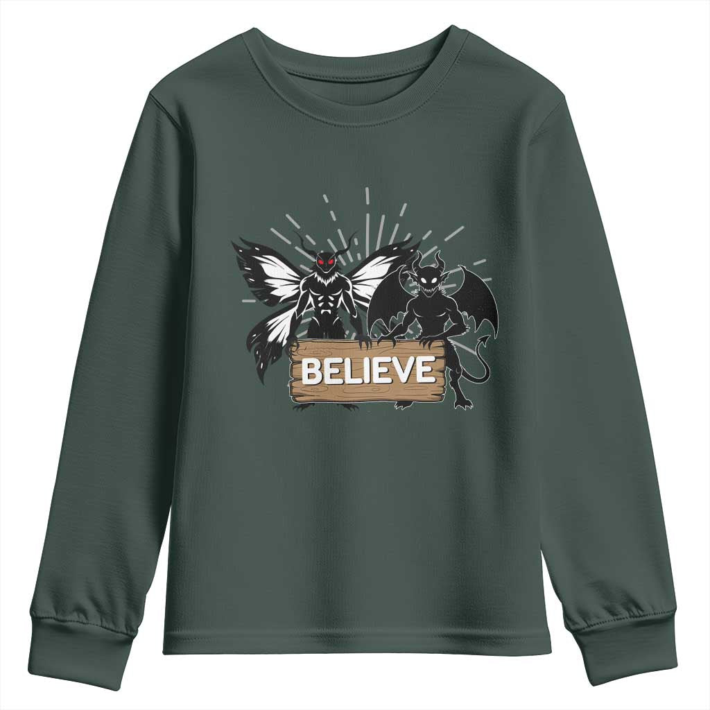Mothman Jersey Devil Youth Sweatshirt Believe Cryptid Folklore Gift TS12 Dark Forest Green Print Your Wear