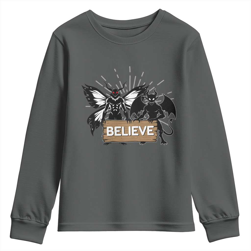 Mothman Jersey Devil Youth Sweatshirt Believe Cryptid Folklore Gift TS12 Dark Heather Print Your Wear