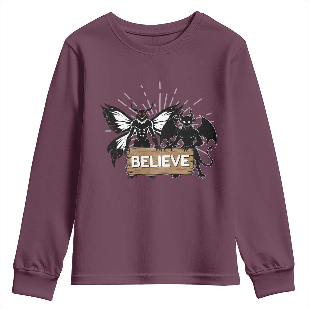 Mothman Jersey Devil Youth Sweatshirt Believe Cryptid Folklore Gift TS12 Maroon Print Your Wear