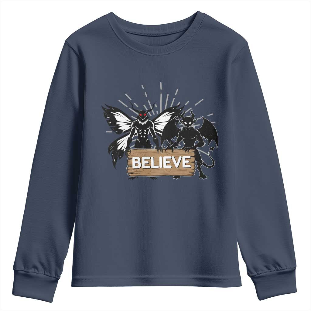 Mothman Jersey Devil Youth Sweatshirt Believe Cryptid Folklore Gift TS12 Navy Print Your Wear