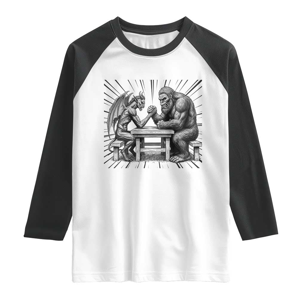 Bigfoot Jersey Devil Raglan Shirt Arm Wrestling Funny Cryptid Gift TS12 White Black Print Your Wear