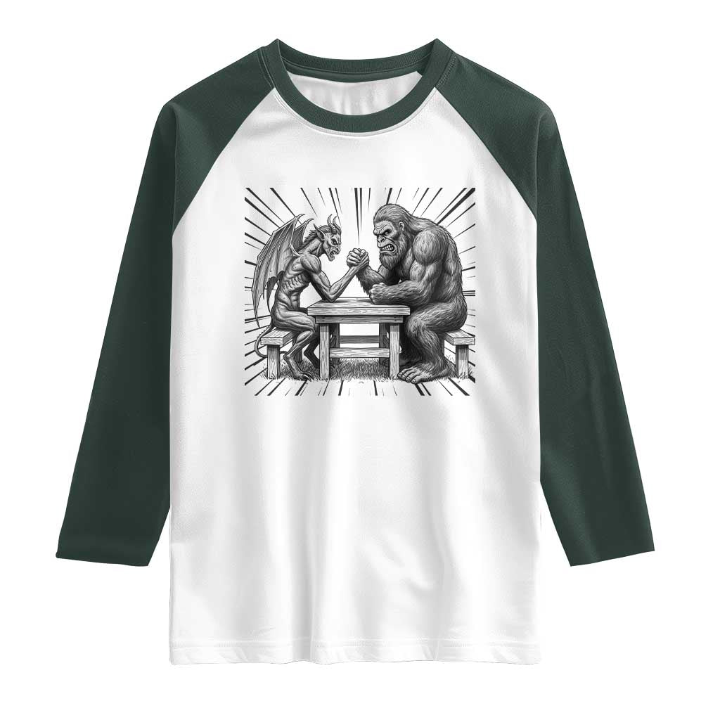 Bigfoot Jersey Devil Raglan Shirt Arm Wrestling Funny Cryptid Gift TS12 White Dark Forest Green Print Your Wear