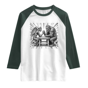Bigfoot Jersey Devil Raglan Shirt Arm Wrestling Funny Cryptid Gift TS12 White Dark Forest Green Print Your Wear