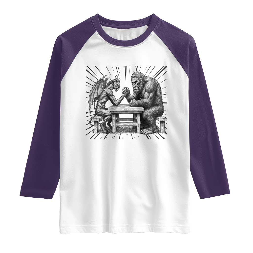 Bigfoot Jersey Devil Raglan Shirt Arm Wrestling Funny Cryptid Gift TS12 White Purple Print Your Wear