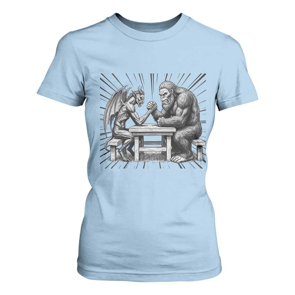 Bigfoot Jersey Devil T Shirt For Women Arm Wrestling Funny Cryptid Gift TS12 Light Blue Print Your Wear