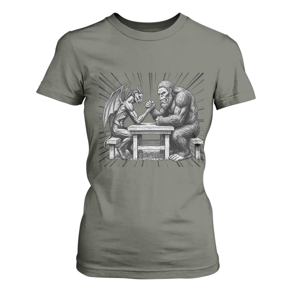 Bigfoot Jersey Devil T Shirt For Women Arm Wrestling Funny Cryptid Gift TS12 Military Green Print Your Wear