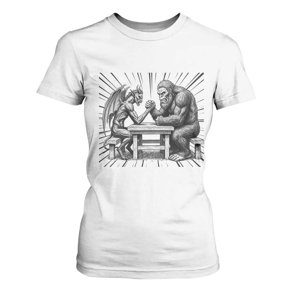 Bigfoot Jersey Devil T Shirt For Women Arm Wrestling Funny Cryptid Gift TS12 White Print Your Wear
