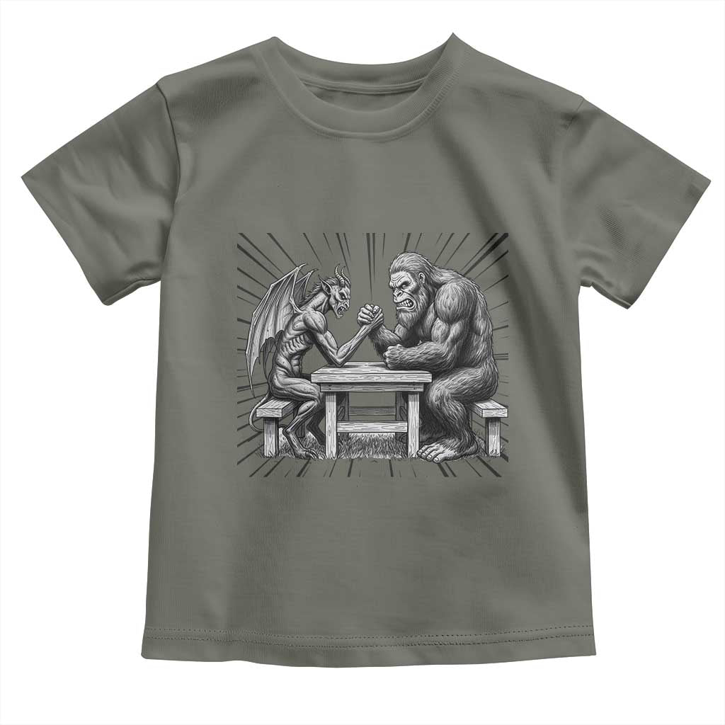 Bigfoot Jersey Devil Toddler T Shirt Arm Wrestling Funny Cryptid Gift TS12 Military Green Print Your Wear