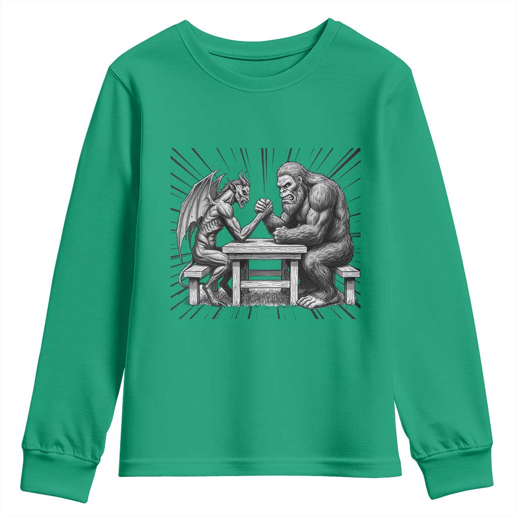 Bigfoot Jersey Devil Youth Sweatshirt Arm Wrestling Funny Cryptid Gift TS12 Irish Green Print Your Wear