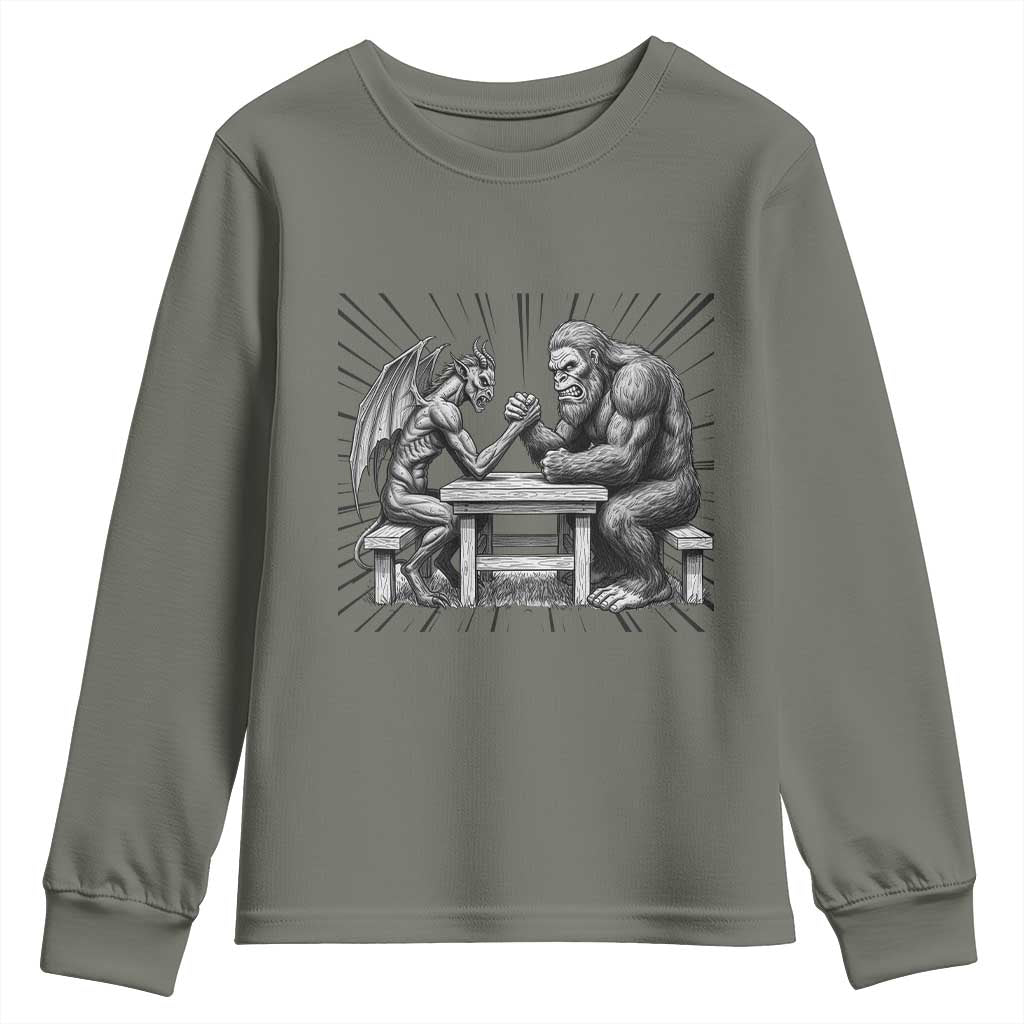 Bigfoot Jersey Devil Youth Sweatshirt Arm Wrestling Funny Cryptid Gift TS12 Military Green Print Your Wear