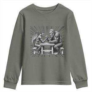 Bigfoot Jersey Devil Youth Sweatshirt Arm Wrestling Funny Cryptid Gift TS12 Military Green Print Your Wear