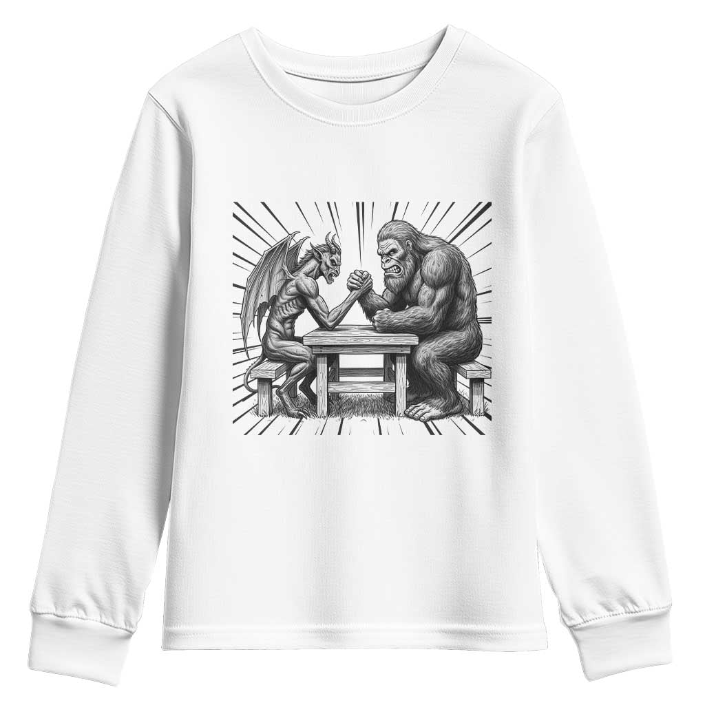 Bigfoot Jersey Devil Youth Sweatshirt Arm Wrestling Funny Cryptid Gift TS12 White Print Your Wear