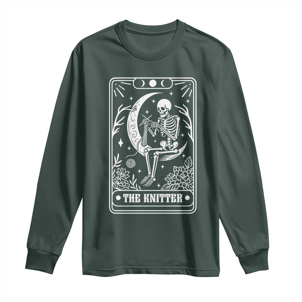 The Knitter Skeleton Long Sleeve Shirt Knitting Lover Gift Tarot Card Graphic TS12 Dark Forest Green Print Your Wear