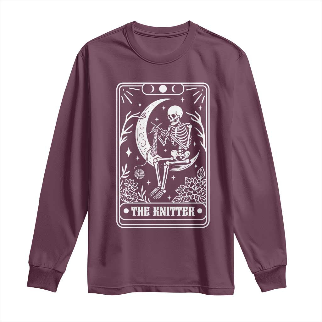 The Knitter Skeleton Long Sleeve Shirt Knitting Lover Gift Tarot Card Graphic TS12 Maroon Print Your Wear