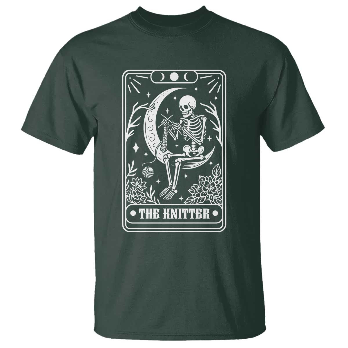 The Knitter Skeleton T Shirt Knitting Lover Gift Tarot Card Graphic TS12 Dark Forest Green Print Your Wear