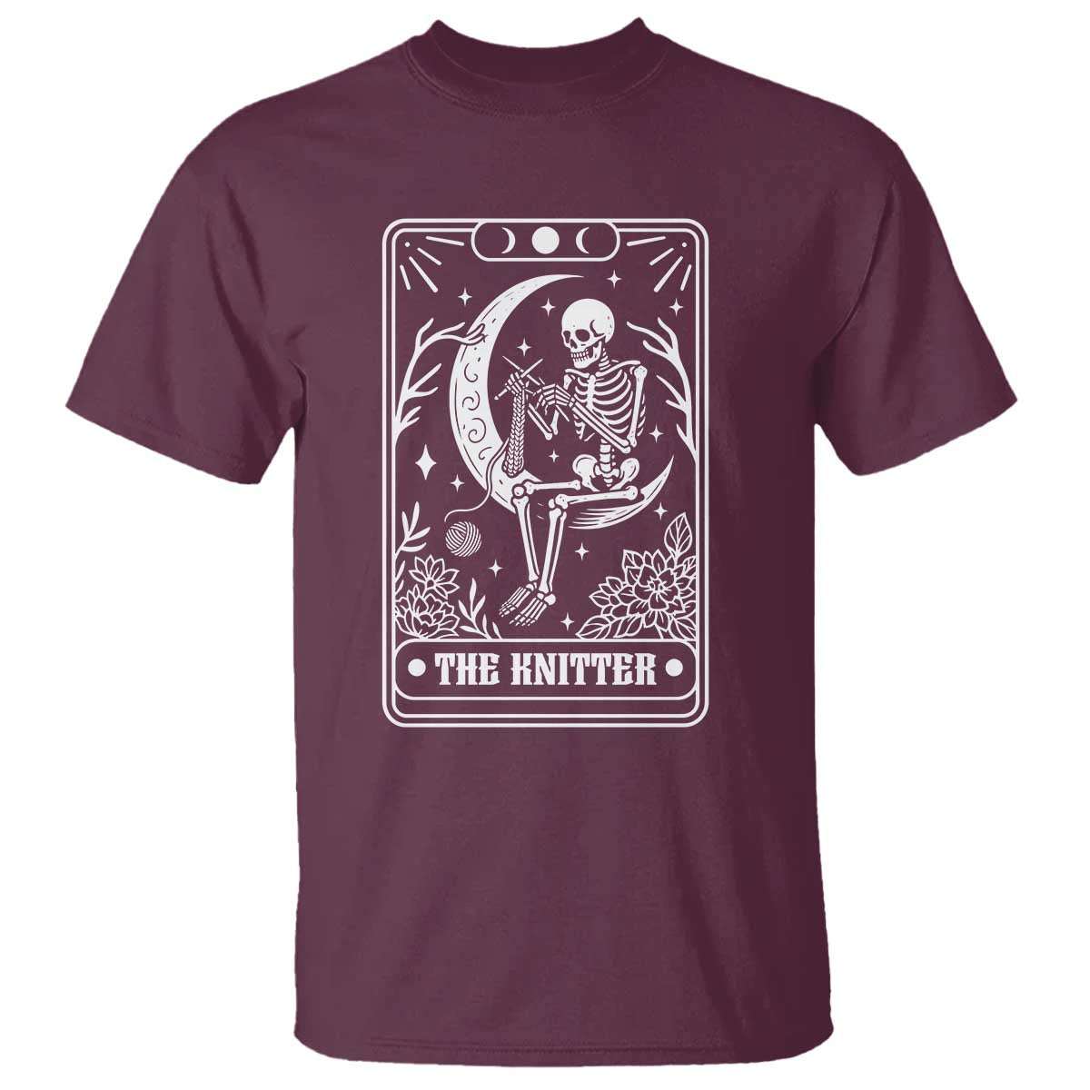 The Knitter Skeleton T Shirt Knitting Lover Gift Tarot Card Graphic TS12 Maroon Print Your Wear