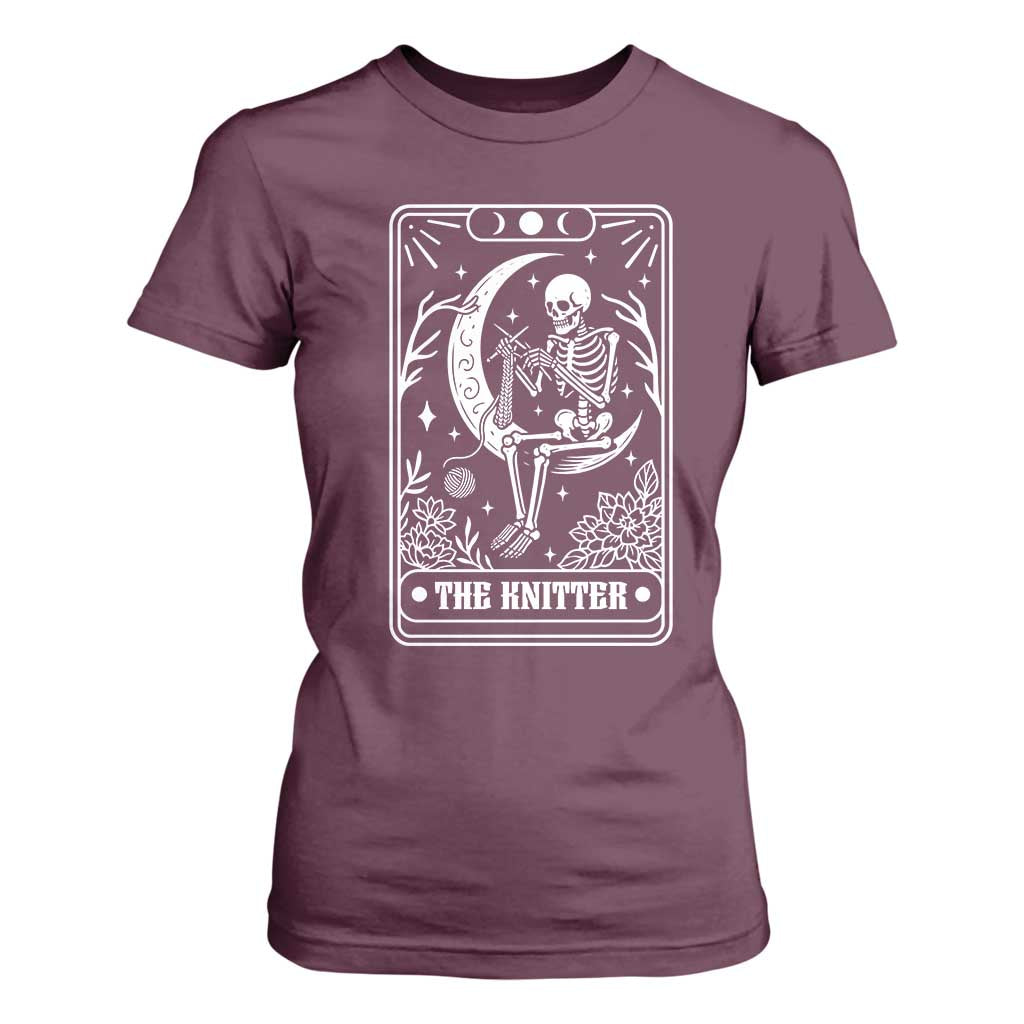 The Knitter Skeleton T Shirt For Women Knitting Lover Gift Tarot Card Graphic TS12 Maroon Print Your Wear