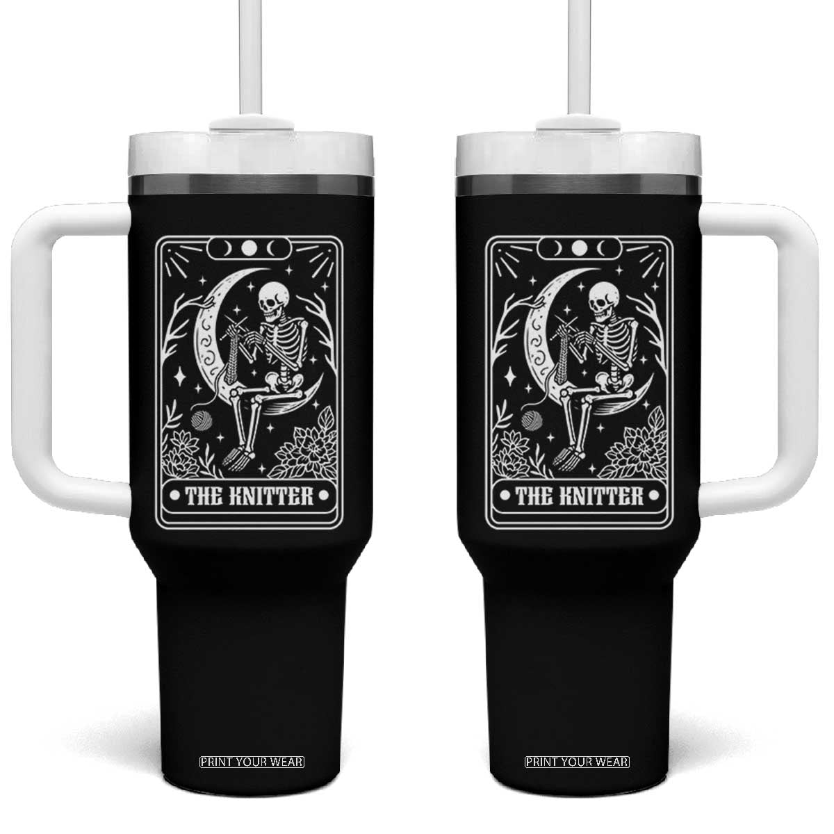 The Knitter Skeleton Tumbler With Handle Knitting Lover Gift Tarot Card Graphic TS12 One Size: 40 oz Black Print Your Wear