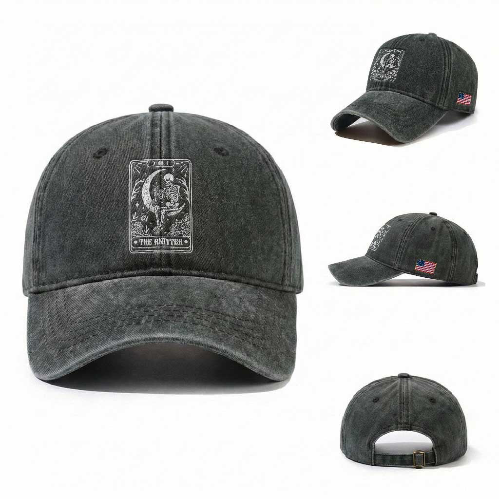 The Knitter Skeleton Washed Cotton Baseball Cap Knitting Lover Gift Tarot Card Graphic TS12 Washed Cap Universal Fit Dark Green Print Your Wear