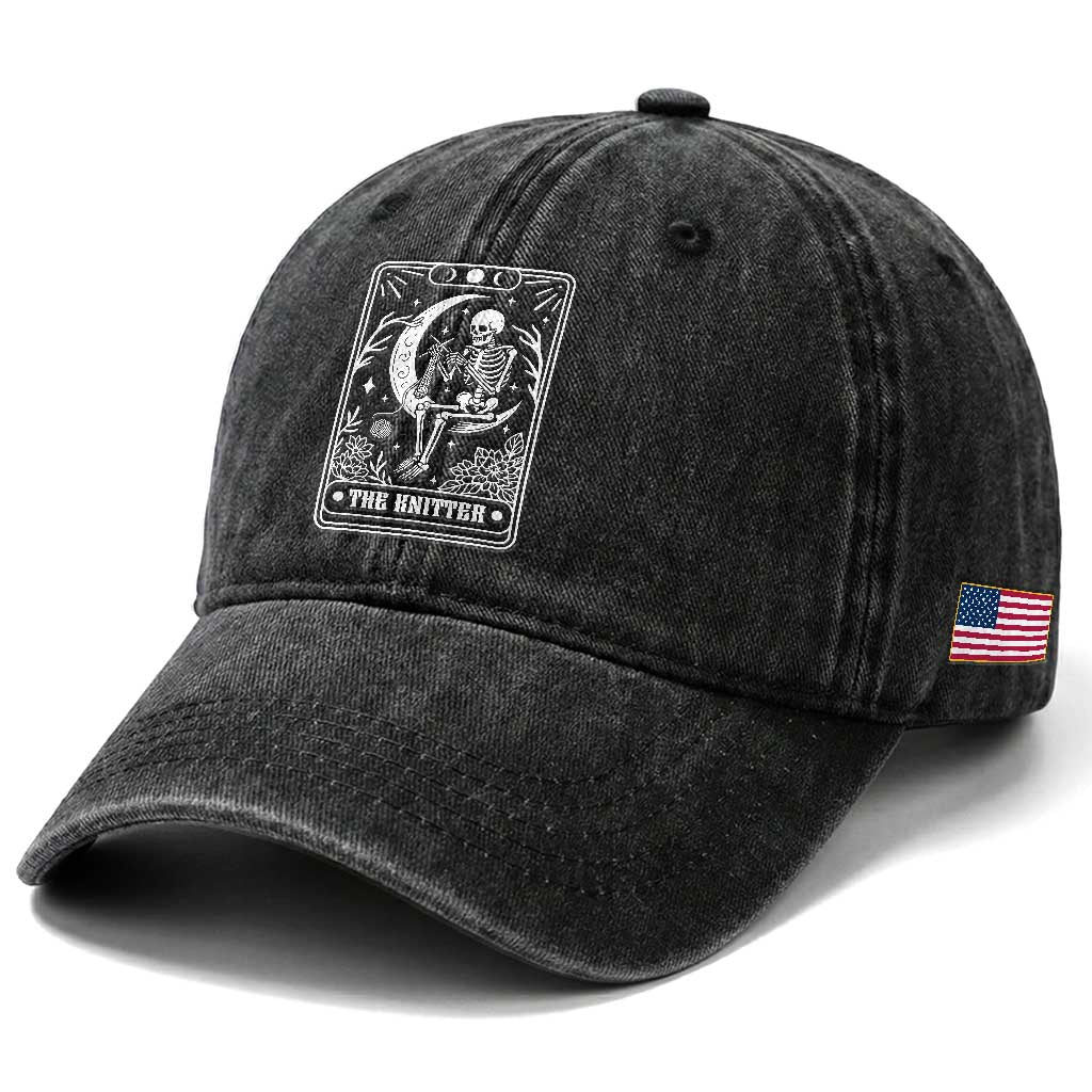 The Knitter Skeleton Washed Cotton Baseball Cap Knitting Lover Gift Tarot Card Graphic TS12 Print Your Wear