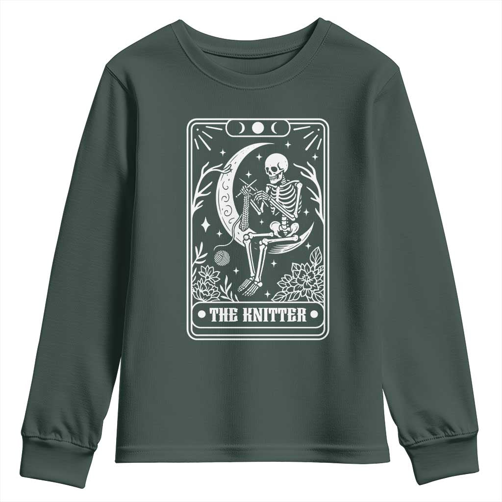 The Knitter Skeleton Youth Sweatshirt Knitting Lover Gift Tarot Card Graphic TS12 Dark Forest Green Print Your Wear
