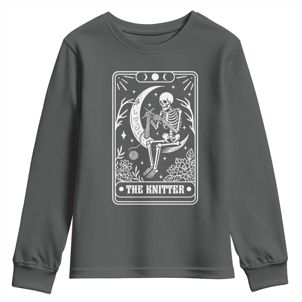 The Knitter Skeleton Youth Sweatshirt Knitting Lover Gift Tarot Card Graphic TS12 Dark Heather Print Your Wear