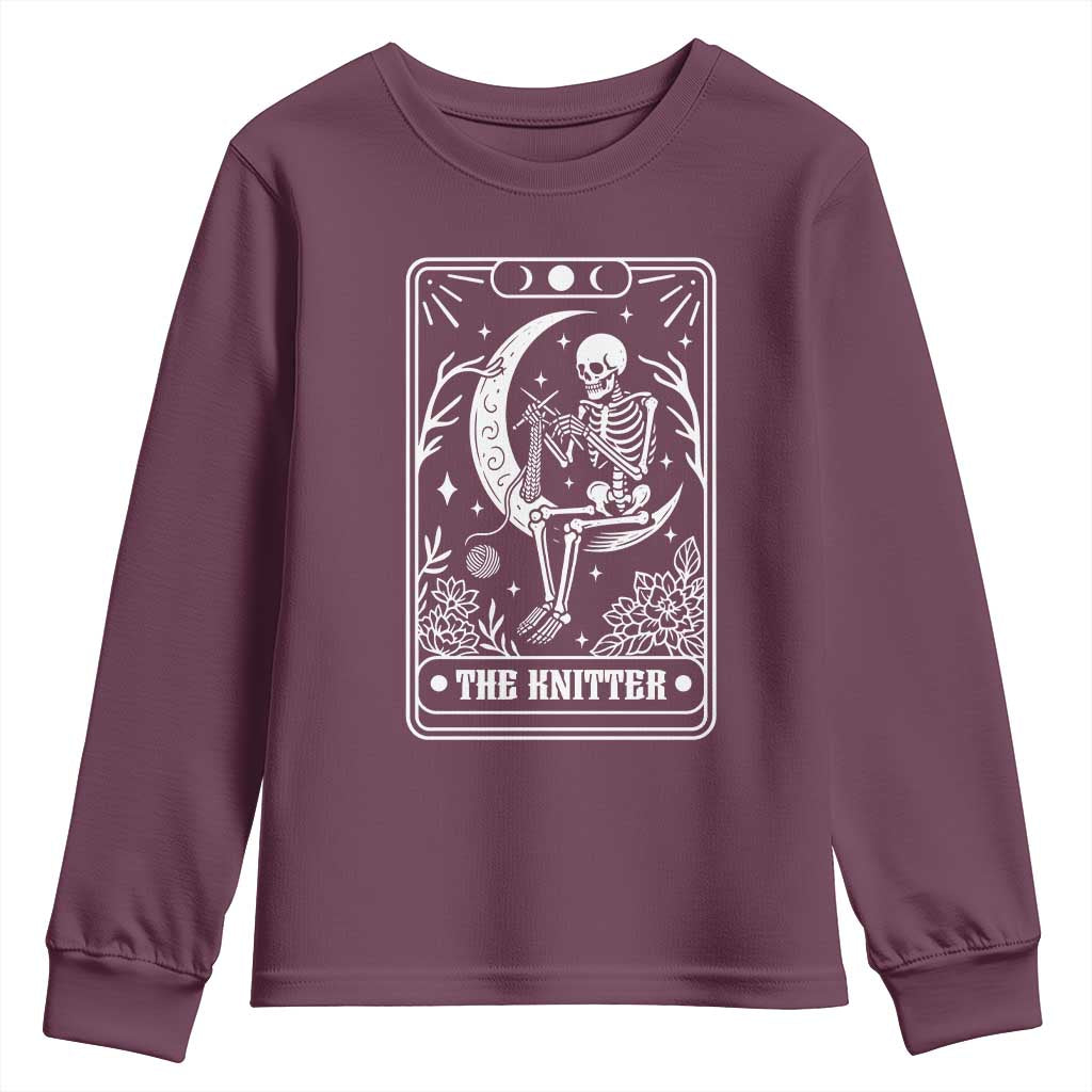 The Knitter Skeleton Youth Sweatshirt Knitting Lover Gift Tarot Card Graphic TS12 Maroon Print Your Wear