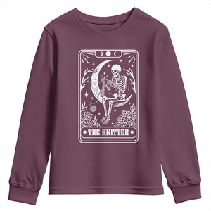 The Knitter Skeleton Youth Sweatshirt Knitting Lover Gift Tarot Card Graphic TS12 Maroon Print Your Wear