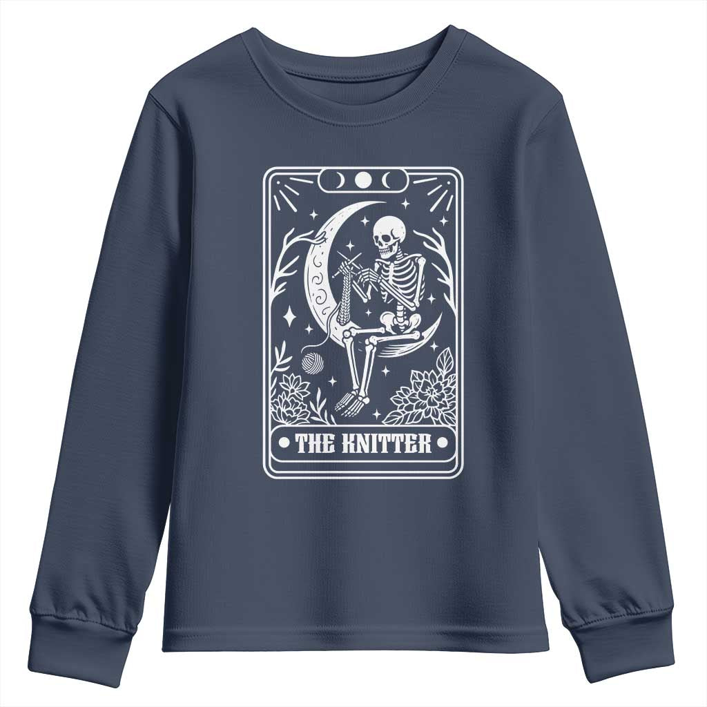 The Knitter Skeleton Youth Sweatshirt Knitting Lover Gift Tarot Card Graphic TS12 Navy Print Your Wear