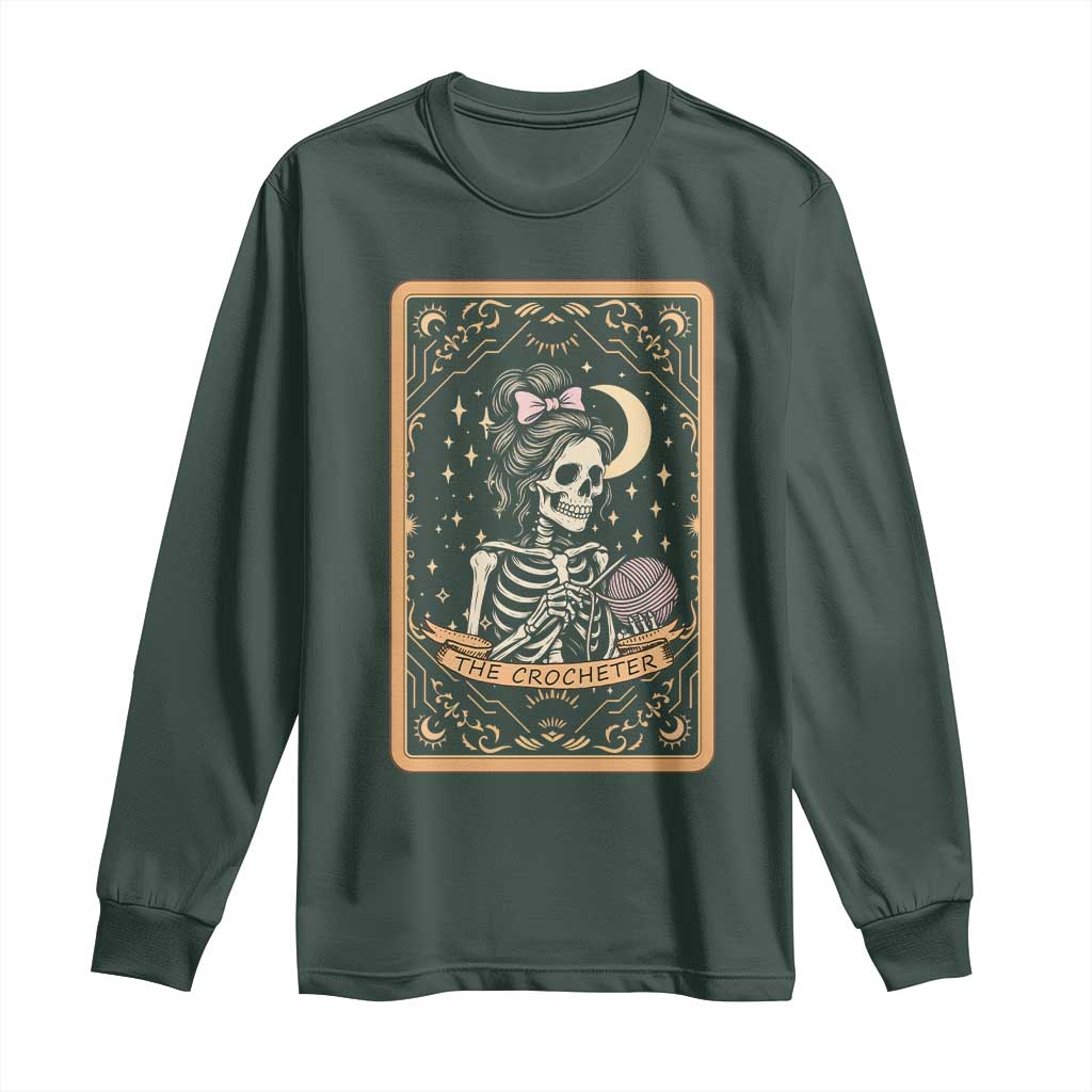 The Crocheter Skeleton Long Sleeve Shirt Crochet Lover Gift Tarot Card Graphic TS12 Dark Forest Green Print Your Wear