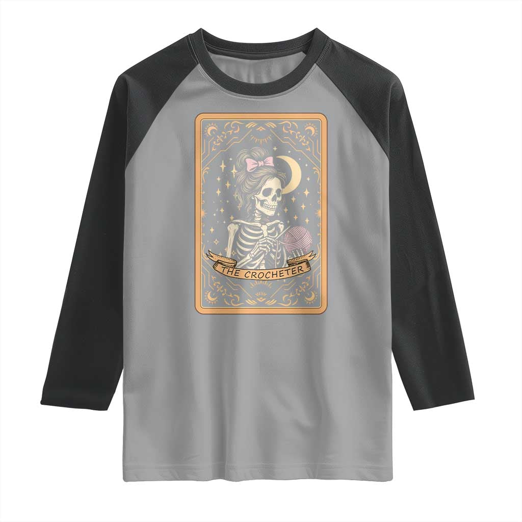 The Crocheter Skeleton Raglan Shirt Crochet Lover Gift Tarot Card Graphic TS12 Sport Gray Black Print Your Wear
