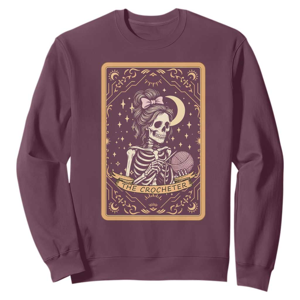 The Crocheter Skeleton Sweatshirt Crochet Lover Gift Tarot Card Graphic TS12 Maroon Print Your Wear