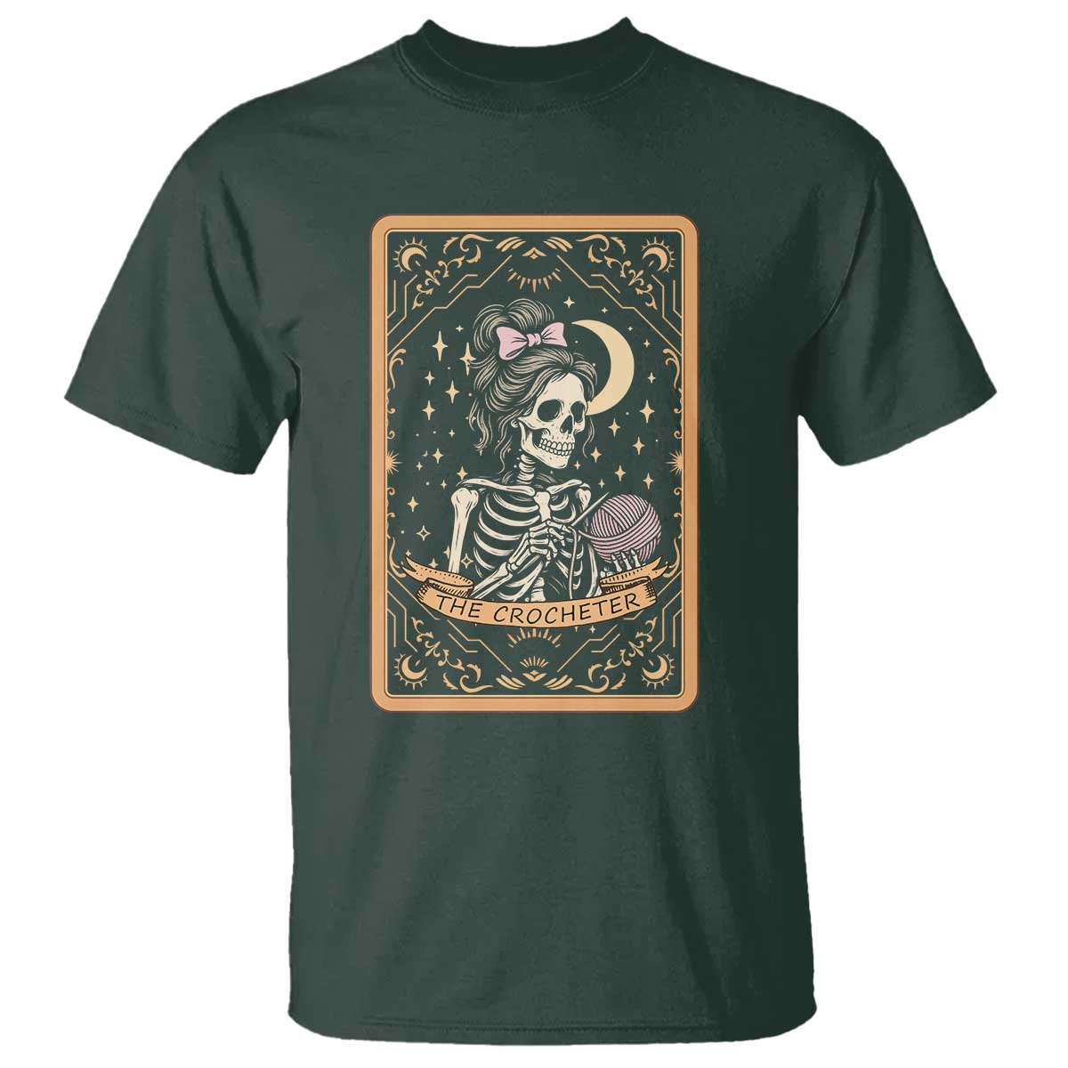 The Crocheter Skeleton T Shirt Crochet Lover Gift Tarot Card Graphic TS12 Dark Forest Green Print Your Wear