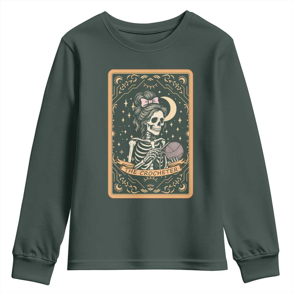 The Crocheter Skeleton Youth Sweatshirt Crochet Lover Gift Tarot Card Graphic TS12 Dark Forest Green Print Your Wear