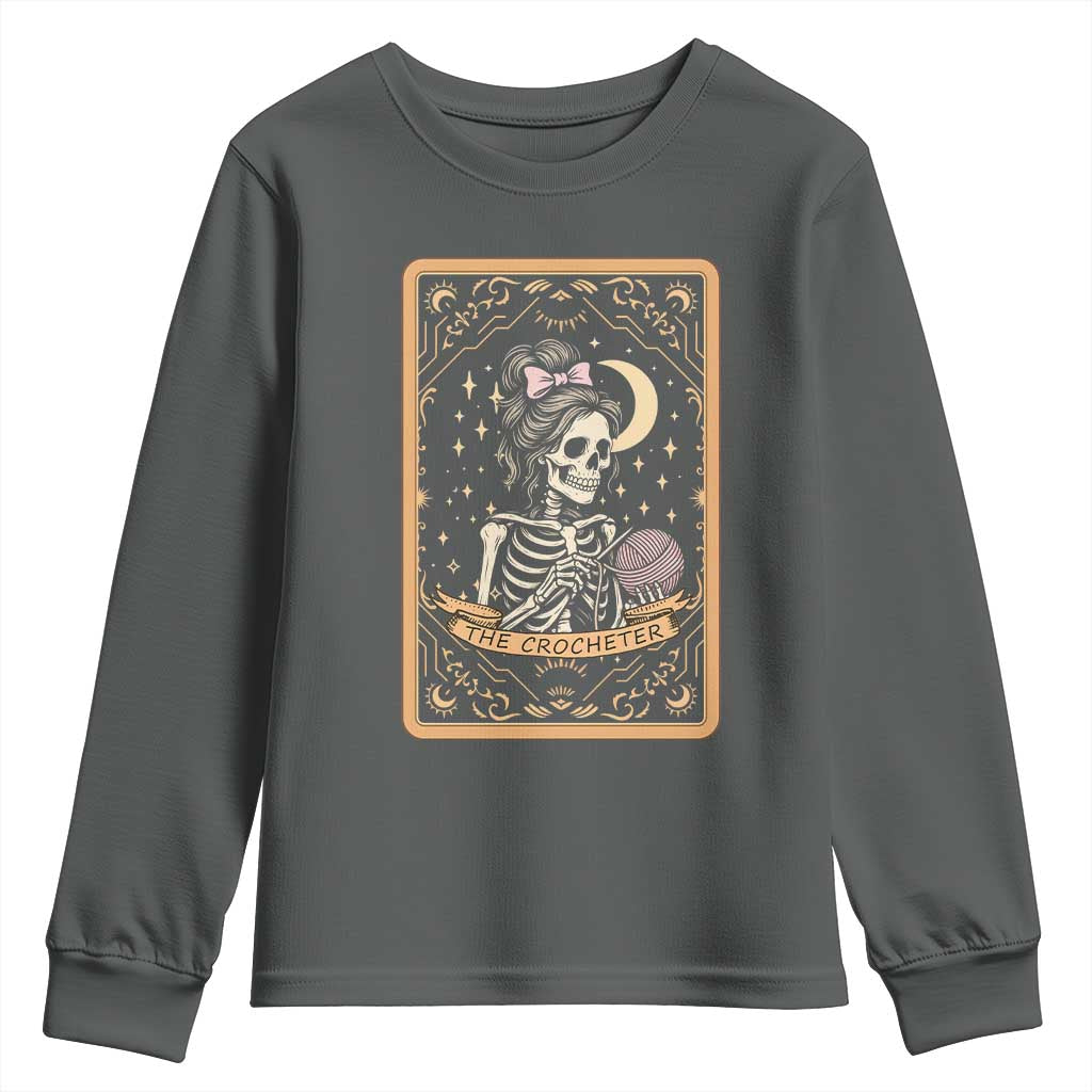 The Crocheter Skeleton Youth Sweatshirt Crochet Lover Gift Tarot Card Graphic TS12 Dark Heather Print Your Wear