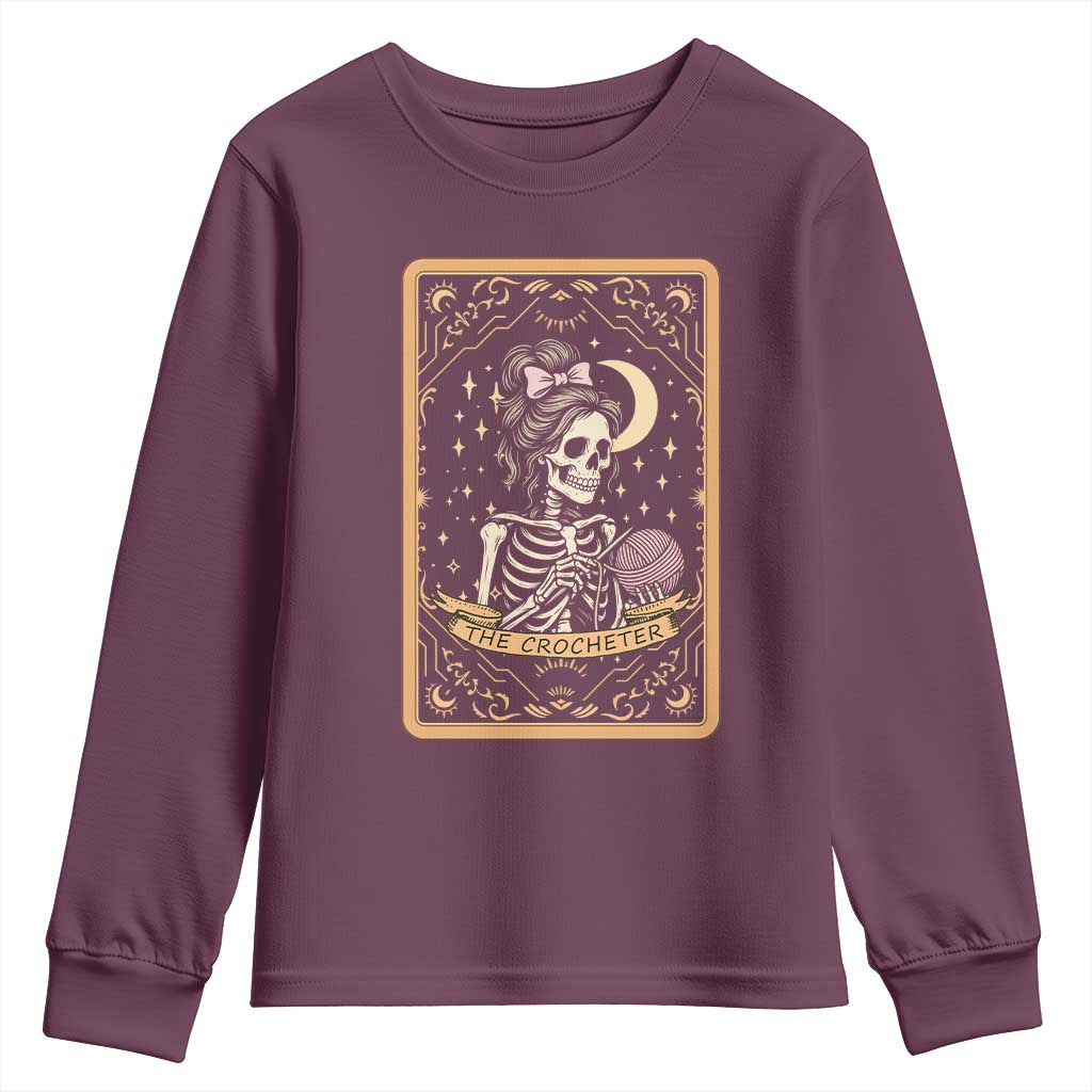 The Crocheter Skeleton Youth Sweatshirt Crochet Lover Gift Tarot Card Graphic TS12 Maroon Print Your Wear