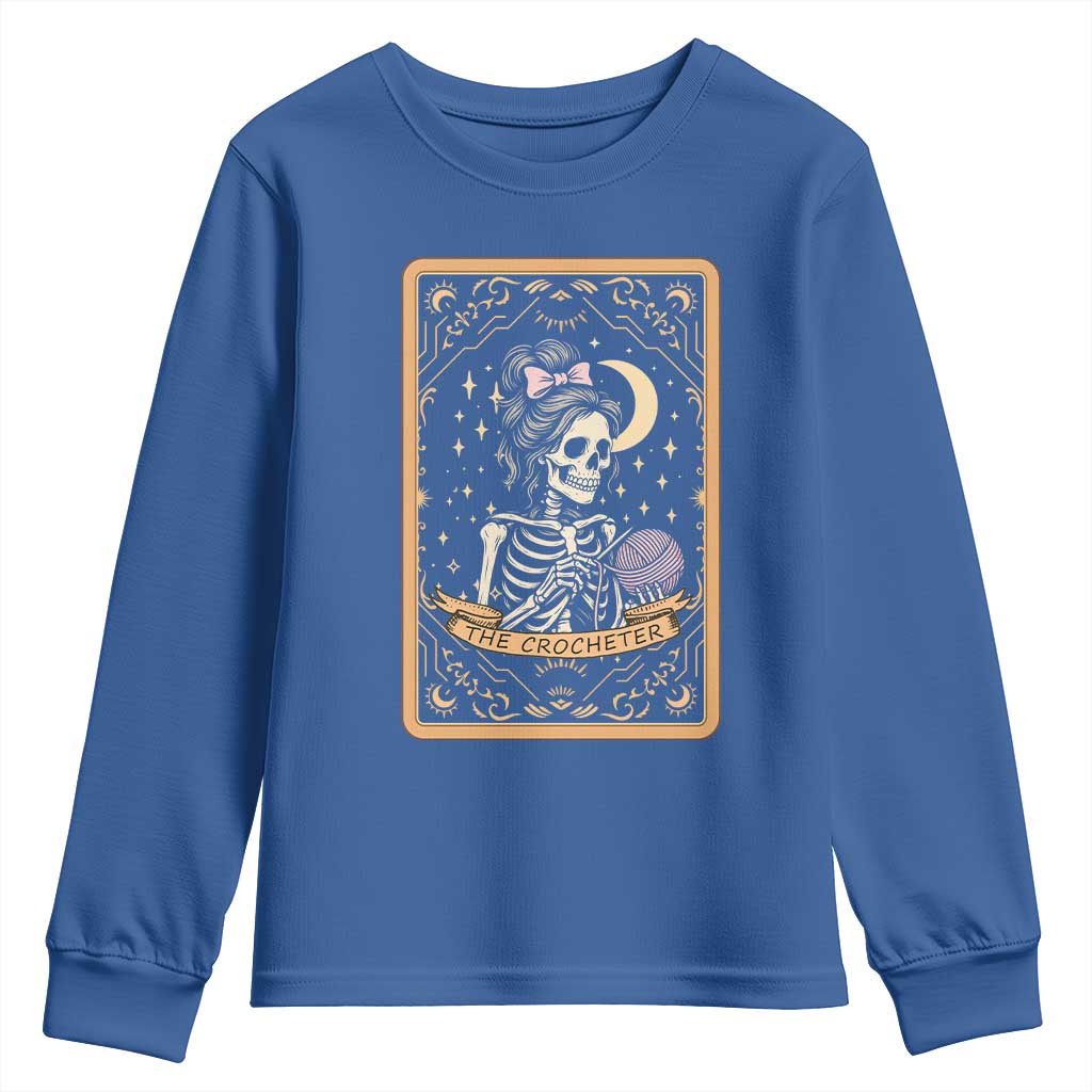 The Crocheter Skeleton Youth Sweatshirt Crochet Lover Gift Tarot Card Graphic TS12 Royal Blue Print Your Wear