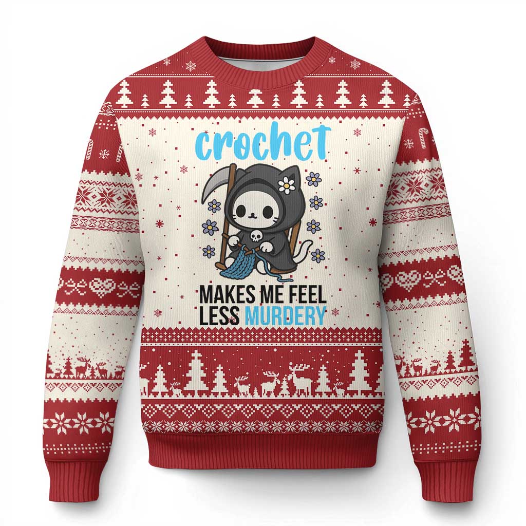 Crochet Makes Me Feel Less Murdery Ugly Christmas Sweater Grim Reaper Cat Gift TS12 Beige Red Print Your Wear