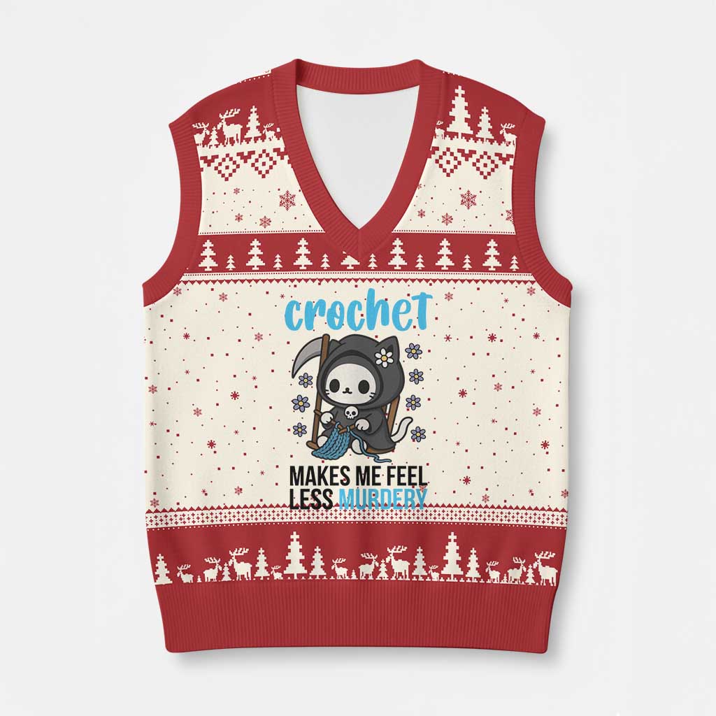 Crochet Makes Me Feel Less Murdery V-Neck Knit Sweater Vest Grim Reaper Cat Gift TS12 Beige Red Print Your Wear